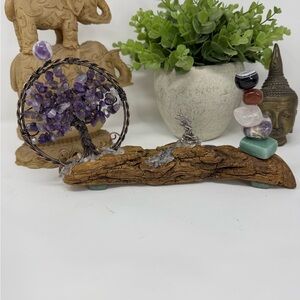 Handmade fairy garden, driftwood, pewter fairy, amethyst stacked stones
